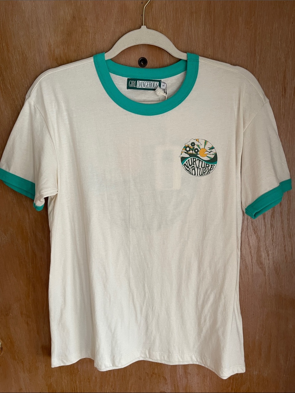 Girl Dangerous Cream Ringer Tee with Teal Trim - 'Nurture Nature' Graphic